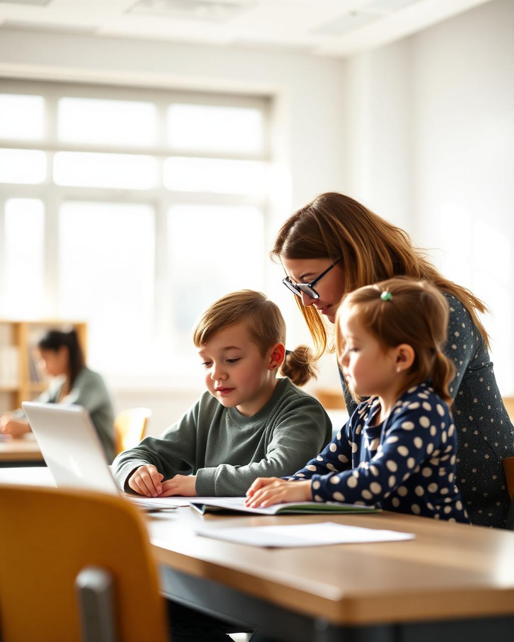 A teacher supporting a student one-on-one in a bright classroom